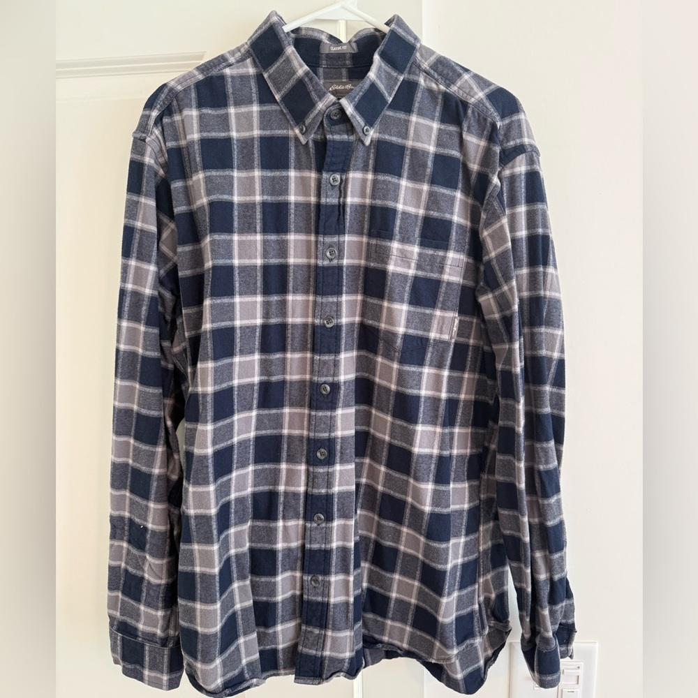 Mens Eddie Bauer Button Down Flannel Shirt - Blue/Grey - XLT
